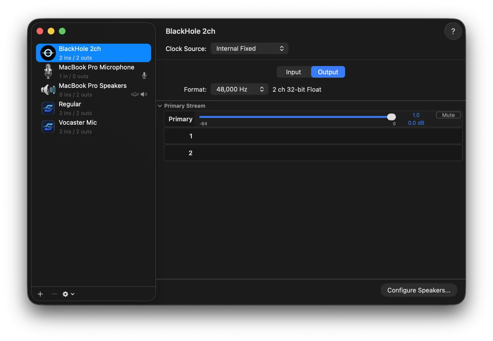 Audio MIDI Setup's device list showing BlackHole 2ch alongside the Mac's built-in devices