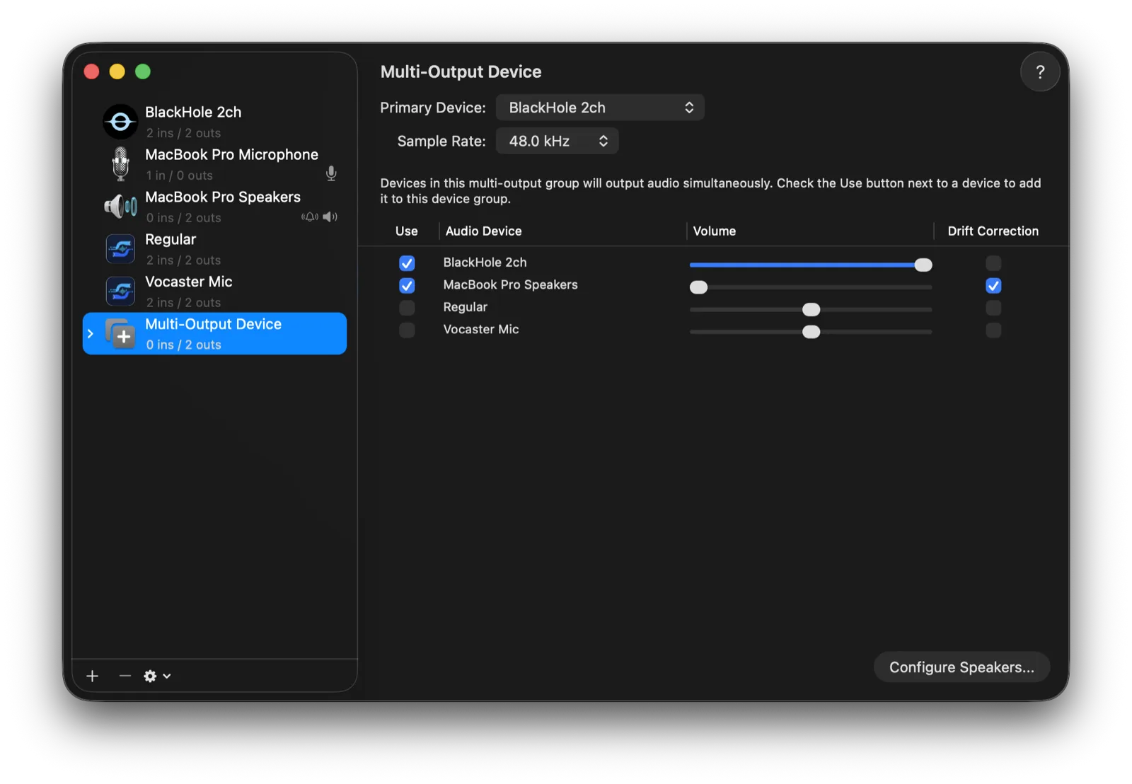 A Multi-Output Device in Audio MIDI Setup with MacBook Pro Speakers and BlackHole 2ch both checked