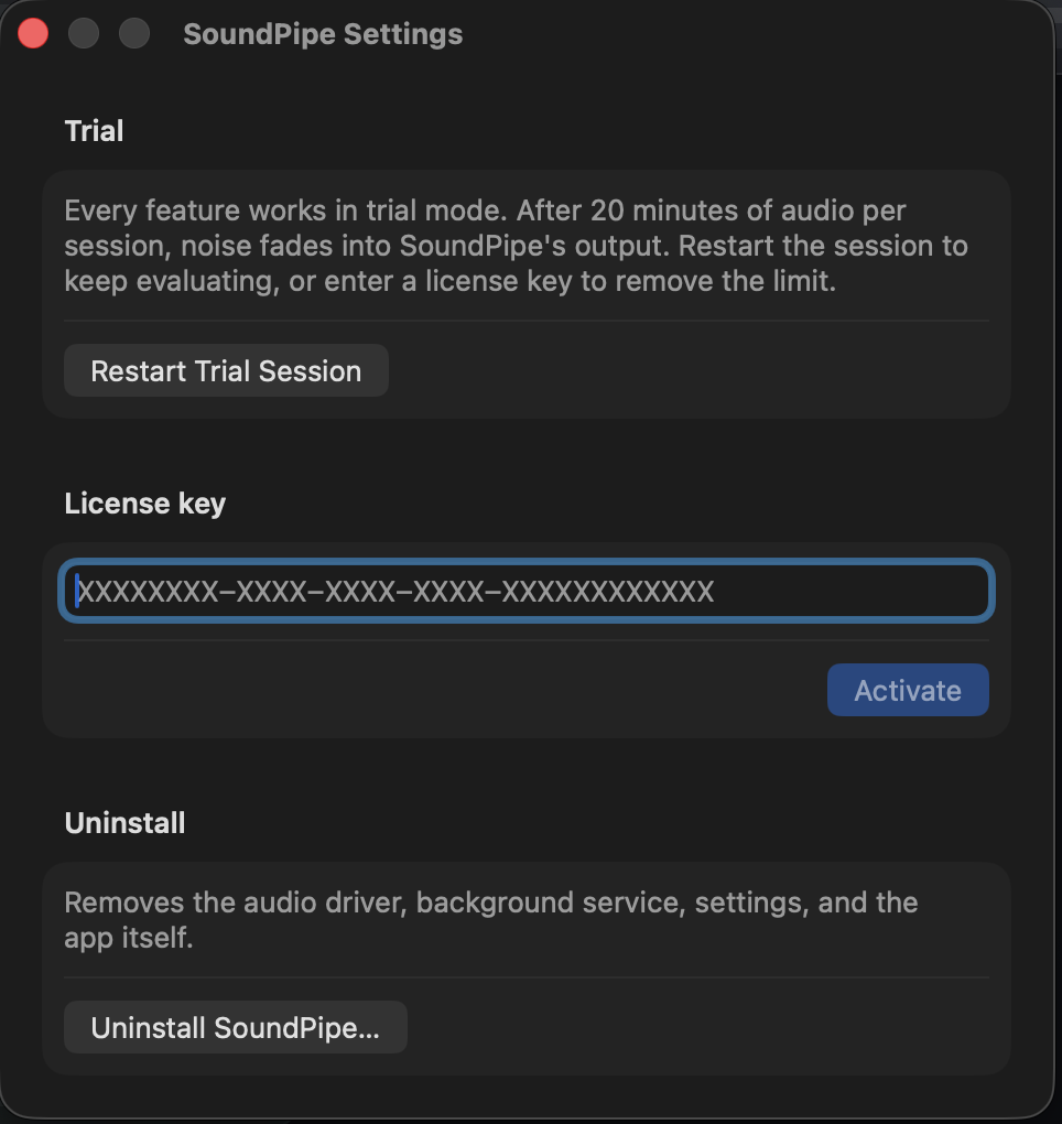 The settings window with the trial section, license key field, and uninstall section
